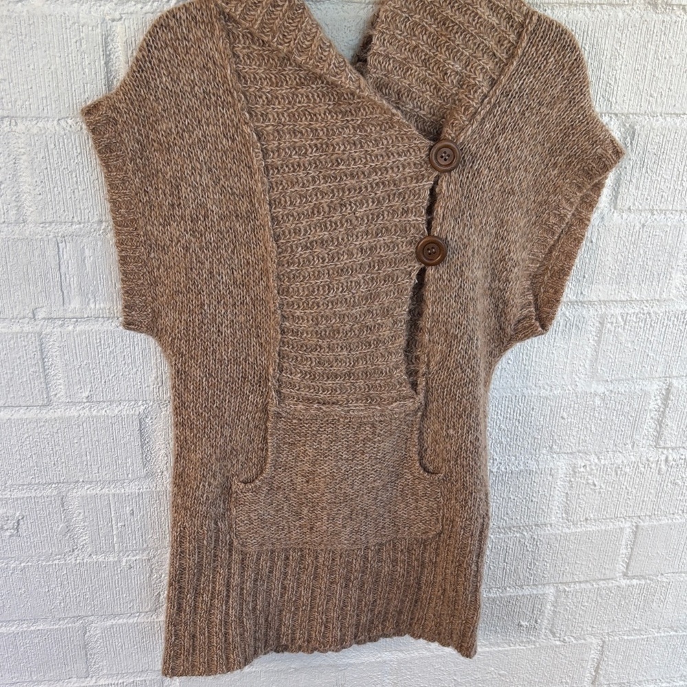 Free People Wool Elegant Tan V-Neck Knit Hooded Sweater Vest sz S